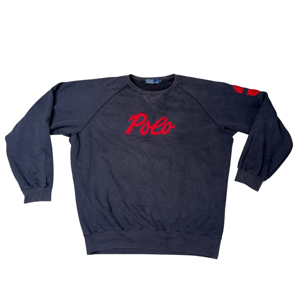 Polo Ralph Lauren Sweatshirt Mens Large Navy Blue Good Spellout Big Logo 3 Patch